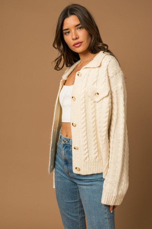 Collared Cable Sweater Cardigan, Gilli