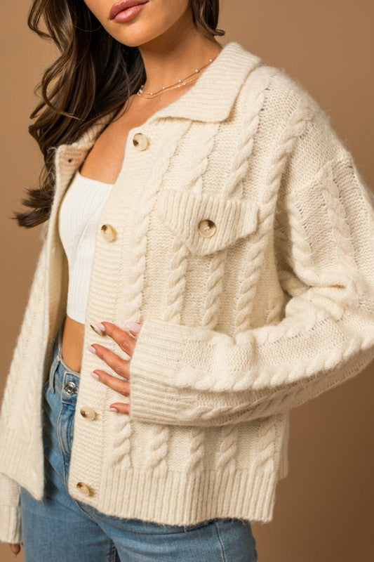 Collared Cable Sweater Cardigan, Gilli