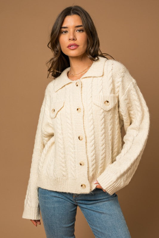 Collared Cable Sweater Cardigan, Gilli