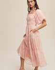 Flower Embroidered Puff Sleeve Tiered Maxi Dress, Listicle