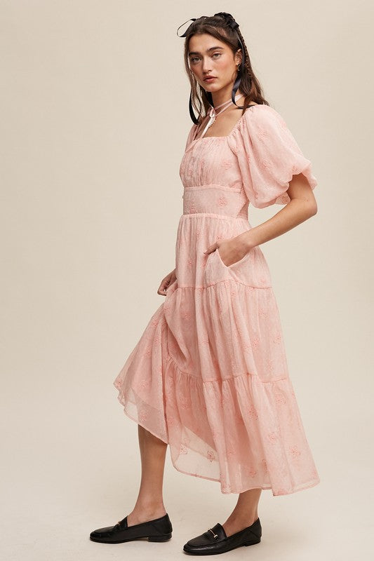 Flower Embroidered Puff Sleeve Tiered Maxi Dress, Listicle