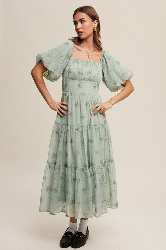 Flower Embroidered Puff Sleeve Tiered Maxi Dress, Listicle