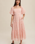 Flower Embroidered Puff Sleeve Tiered Maxi Dress, Listicle