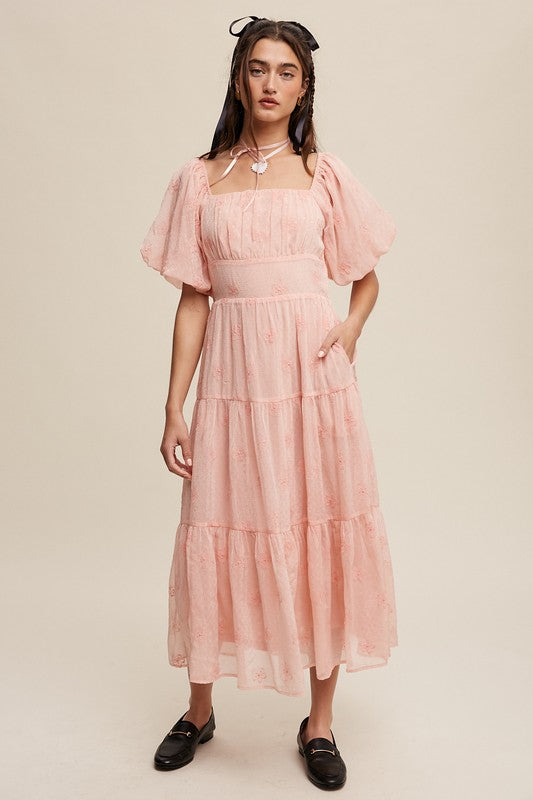 Flower Embroidered Puff Sleeve Tiered Maxi Dress, Listicle