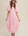 Flower Embroidered Puff Sleeve Tiered Maxi Dress, Listicle