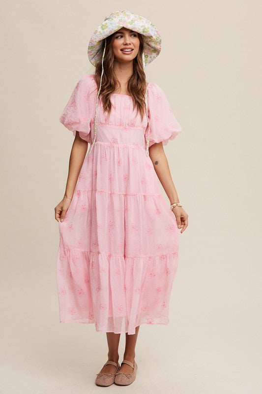 Flower Embroidered Puff Sleeve Tiered Maxi Dress, Listicle