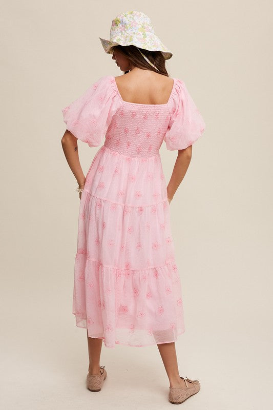 Flower Embroidered Puff Sleeve Tiered Maxi Dress, Listicle