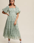 Flower Embroidered Puff Sleeve Tiered Maxi Dress, Listicle