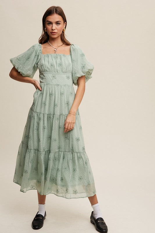 Flower Embroidered Puff Sleeve Tiered Maxi Dress, Listicle