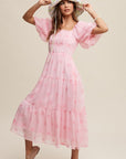 Flower Embroidered Puff Sleeve Tiered Maxi Dress, Listicle