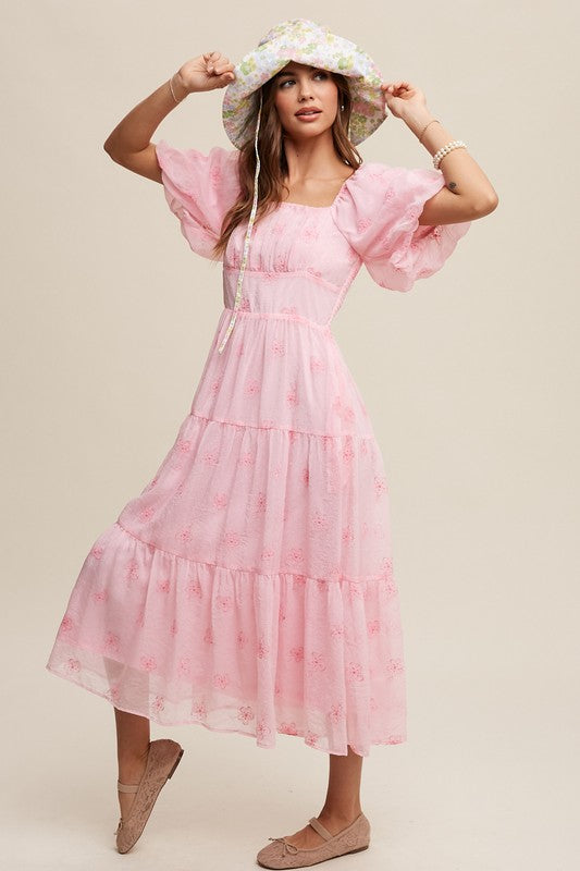 Flower Embroidered Puff Sleeve Tiered Maxi Dress, Listicle