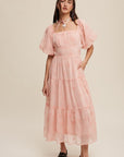 Flower Embroidered Puff Sleeve Tiered Maxi Dress, Listicle