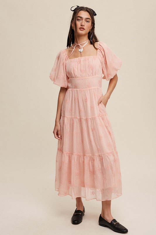 Flower Embroidered Puff Sleeve Tiered Maxi Dress, Listicle