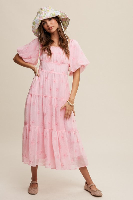 Flower Embroidered Puff Sleeve Tiered Maxi Dress, Listicle