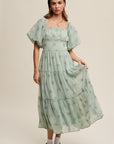 Flower Embroidered Puff Sleeve Tiered Maxi Dress, Listicle