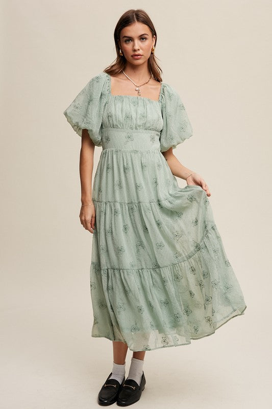 Flower Embroidered Puff Sleeve Tiered Maxi Dress, Listicle