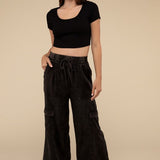 Washed Linen Elastic Band Waist Cargo Pants, Zenana (various colors)