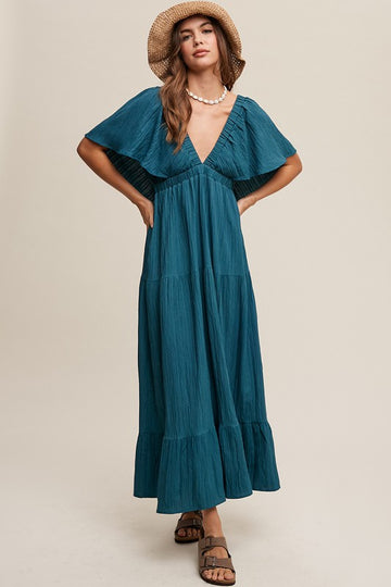 V-neck Ruffle Sleeve Flowy Vacation Dress, Listicle