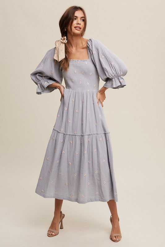 Ditzy Floral Embroidery Puff Sleeve Maxi Dress, Listicle