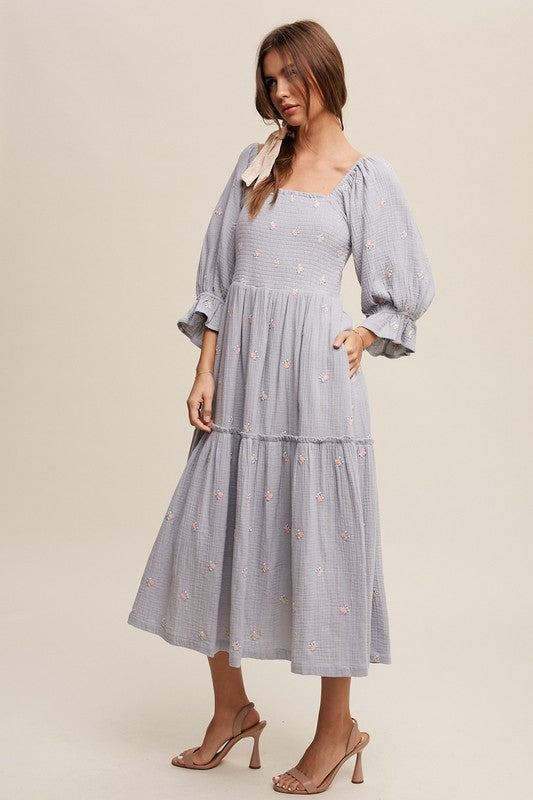 Ditzy Floral Embroidery Puff Sleeve Maxi Dress, Listicle