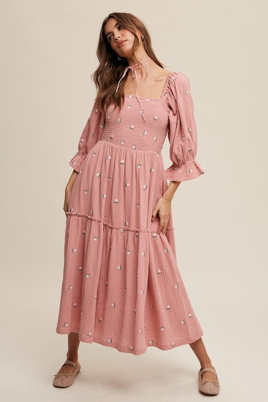 Ditzy Floral Embroidery Puff Sleeve Maxi Dress, Listicle