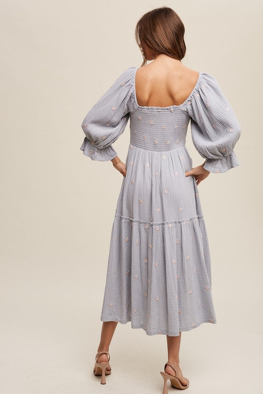 Ditzy Floral Embroidery Puff Sleeve Maxi Dress, Listicle