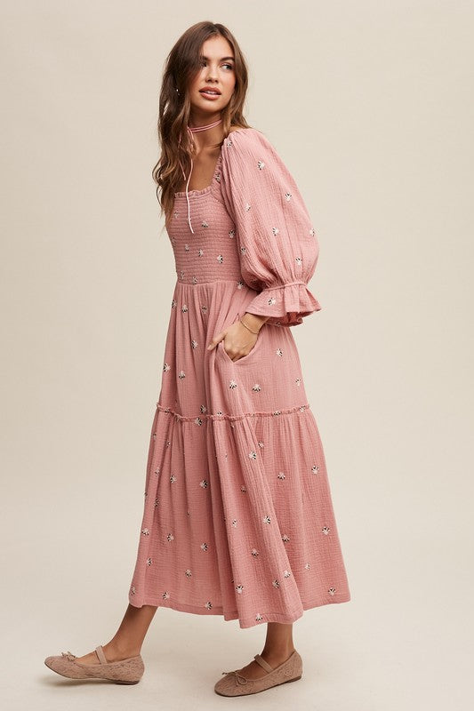 Ditzy Floral Embroidery Puff Sleeve Maxi Dress, Listicle