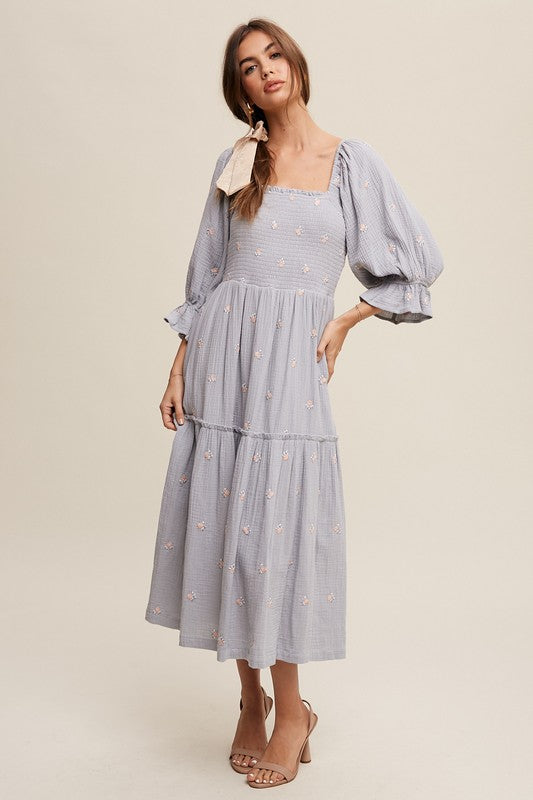 Ditzy Floral Embroidery Puff Sleeve Maxi Dress, Listicle