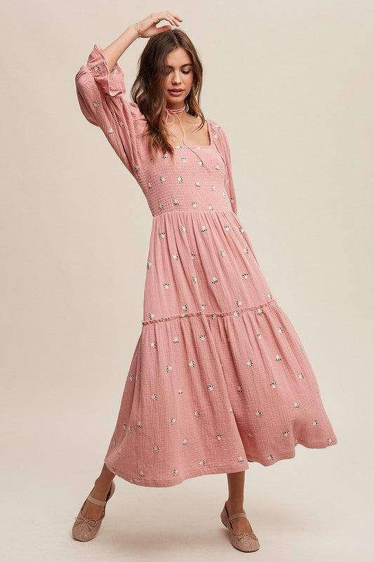 Ditzy Floral Embroidery Puff Sleeve Maxi Dress, Listicle