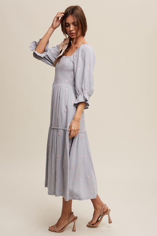 Ditzy Floral Embroidery Puff Sleeve Maxi Dress, Listicle