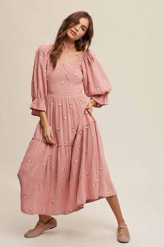 Ditzy Floral Embroidery Puff Sleeve Maxi Dress, Listicle