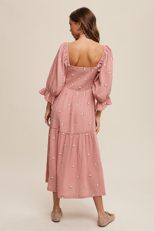 Ditzy Floral Embroidery Puff Sleeve Maxi Dress, Listicle