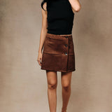 Sunday Edition by LE LIS - Mid Waist Asymmetric Side Button Faux Suede Mini Skirt