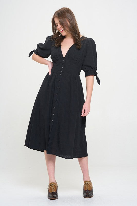 PUFF SLEEVE TEXTURED BUTTON DOWN MIDI DRESS, Jade by Jane(Plus size only)