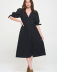 PUFF SLEEVE TEXTURED BUTTON DOWN MIDI DRESS, Jade by Jane(Plus size only)