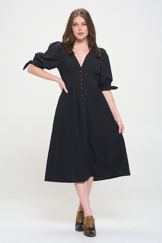 PUFF SLEEVE TEXTURED BUTTON DOWN MIDI DRESS, Jade by Jane(Plus size only)