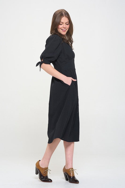 PUFF SLEEVE TEXTURED BUTTON DOWN MIDI DRESS, Jade by Jane(Plus size only)