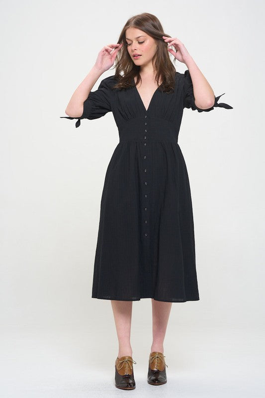 PUFF SLEEVE TEXTURED BUTTON DOWN MIDI DRESS, Jade by Jane(Plus size only)