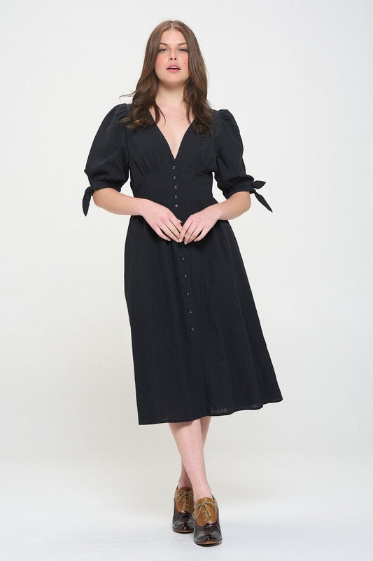 PUFF SLEEVE TEXTURED BUTTON DOWN MIDI DRESS, Jade by Jane(Plus size only)