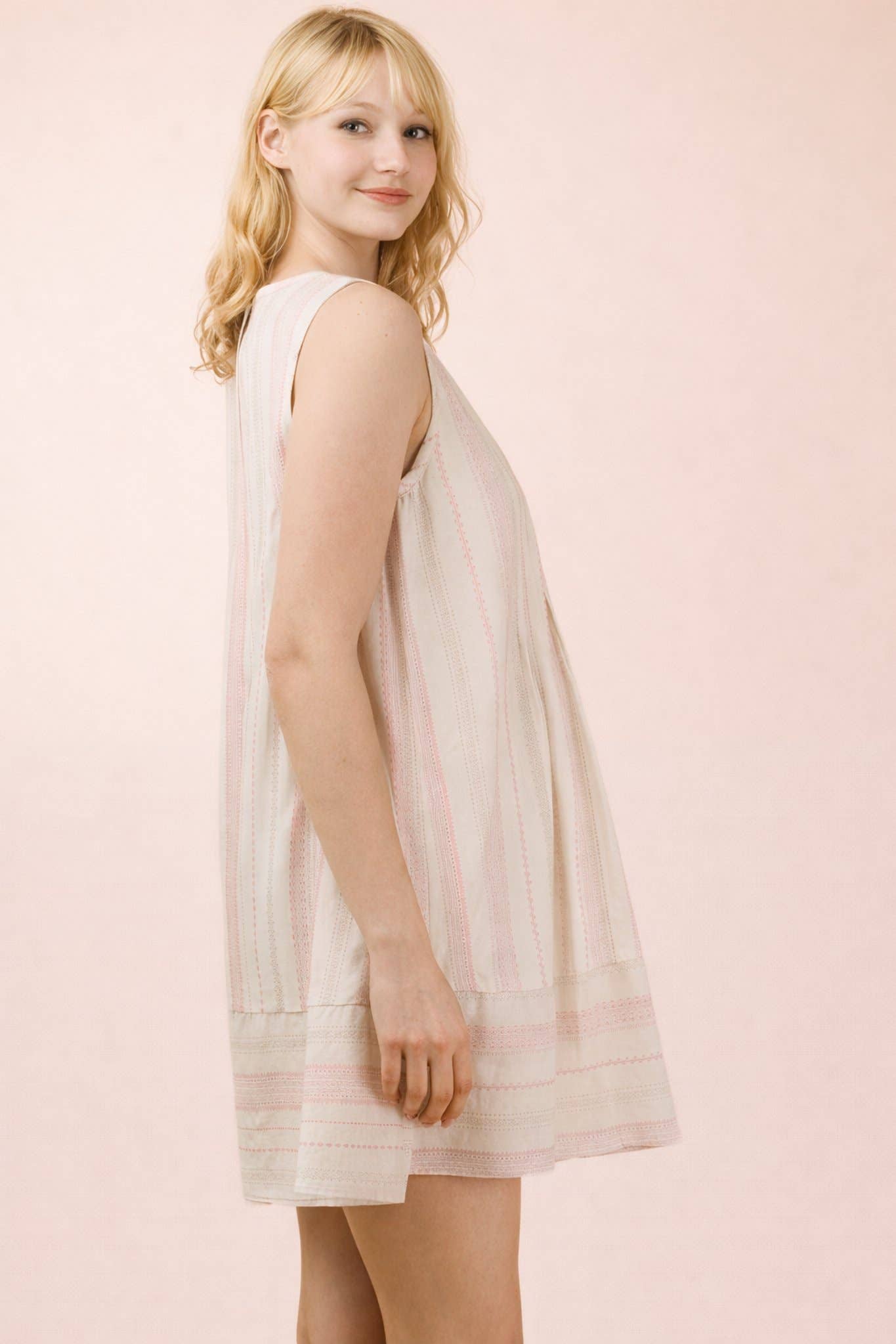 VERY J Striped Pintuck Detail Woven Mini Dress