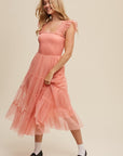 Smocked Ruffle Tiered Mesh Midi Maxi Dress