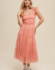 Smocked Ruffle Tiered Mesh Midi Maxi Dress