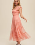 Smocked Ruffle Tiered Mesh Midi Maxi Dress