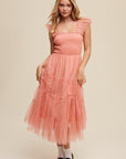 Smocked Ruffle Tiered Mesh Midi Maxi Dress