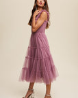 Smocked Ruffle Tiered Mesh Midi Maxi Dress