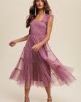 Smocked Ruffle Tiered Mesh Midi Maxi Dress