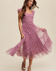 Smocked Ruffle Tiered Mesh Midi Maxi Dress