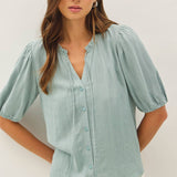 Be Cool - LINEN BLENDED RUFFLE TRIM FRONT TIE BLOUSE