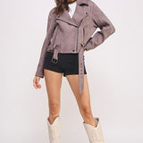 PLUS BELTED LONG SLEEVE ZIPPERED SUEDE MOTO JACKET, Jade by Jane