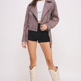 PLUS BELTED LONG SLEEVE ZIPPERED SUEDE MOTO JACKET, Jade by Jane